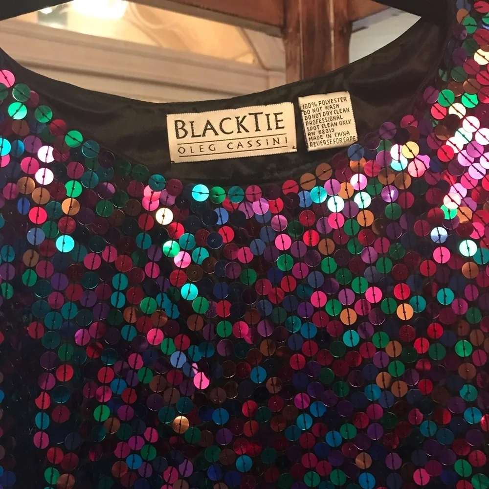 Vintage Black Tie Oleg Cassini Sequin Cocktail Party Dress - Picture 2 of 8